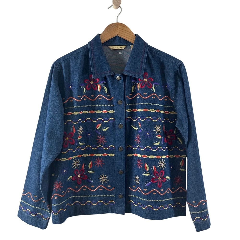 Bechamel Petites Blue Denim Cotton Embroidered Floral Button Up Shirt Womens PM